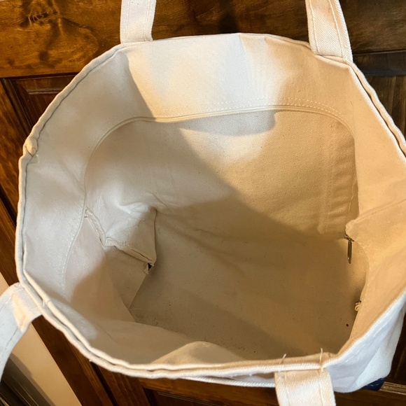 HEAVY CANVAS ZIP CLOSE TOTE, OFF WHITE AND NAVY, LARGE CAPACITY SITS FLAT 19x12 - Picture 2 of 11